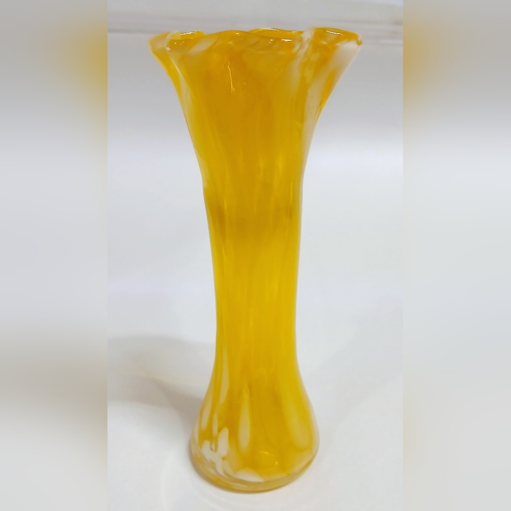 Vintage Yellow and White Swirled Blown Glass Vase